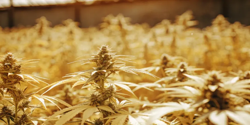 Golden cannabis field glowing under sunset light with mature buds.