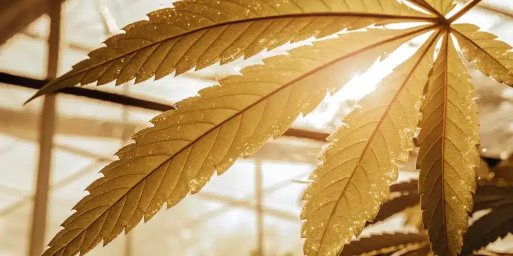 Golden cannabis leaf shining under sunlight in a greenhouse.