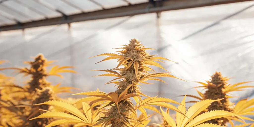 cannabis plant with golden leaves under greenhouse lighting