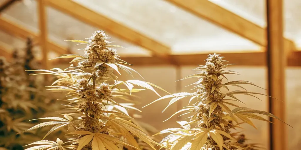 Cannabis plants with golden light highlighting buds inside a greenhouse.
