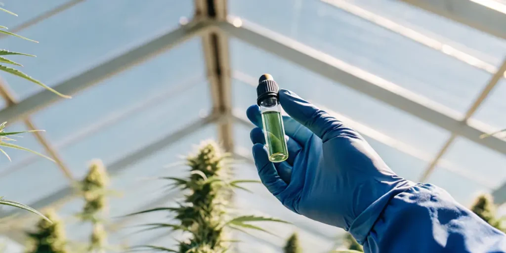 gloved scientist hand holding green cannabis extract vial in laboratory
