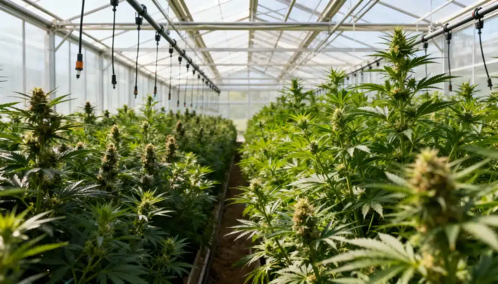 Greenhouse-cannabis-flowering-plants-irrigation-system with rows of plants under natural light.