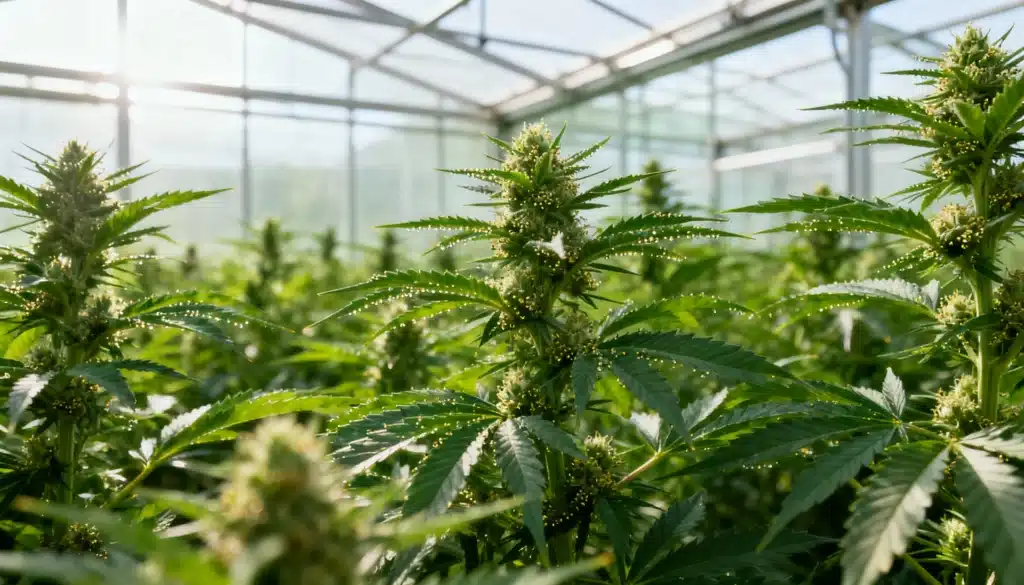 Greenhouse-cannabis-flowering-plants-organic-grow under natural sunlight.