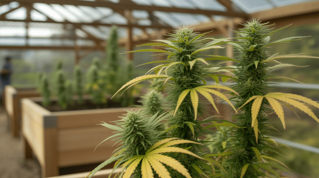 Greenhouse cannabis plants flowering with dense buds and yellowing fan leaves in controlled environment