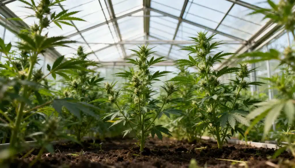 Greenhouse-cannabis-plants-growing-in-soil-beds with natural sunlight and healthy plants.