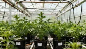 Greenhouse-potted-cannabis-plants-irrigation-system with young plants in black pots.