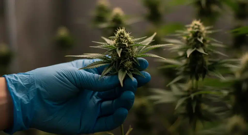 Hand-holding-cannabis-bud-harvest-inspection with visible trichomes and healthy leaves.