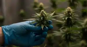 Hand-holding-cannabis-bud-harvest-inspection with visible trichomes and healthy leaves.