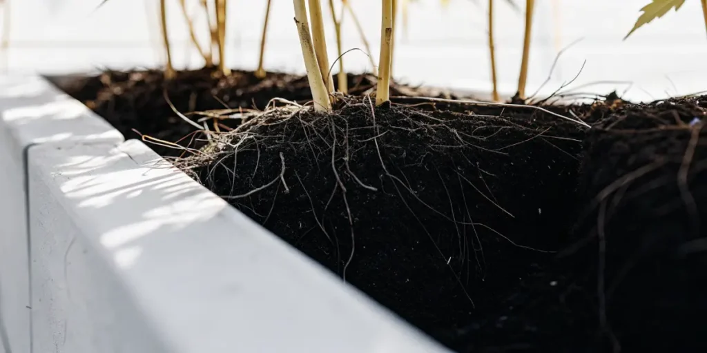 Close-up of healthy cannabis roots intertwined in nutrient-rich soil.