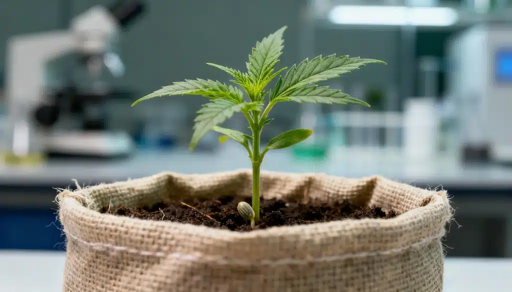 Healthy-cannabis-seedling-lab-grow-light in a burlap pot inside a controlled laboratory environment.