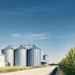 Wide shot of industrial metal silos next to a hemp field under a clear blue sky.