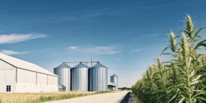 Wide shot of industrial metal silos next to a hemp field under a clear blue sky.