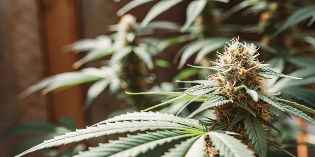 indoor cannabis bud covered with trichomes under warm soft light