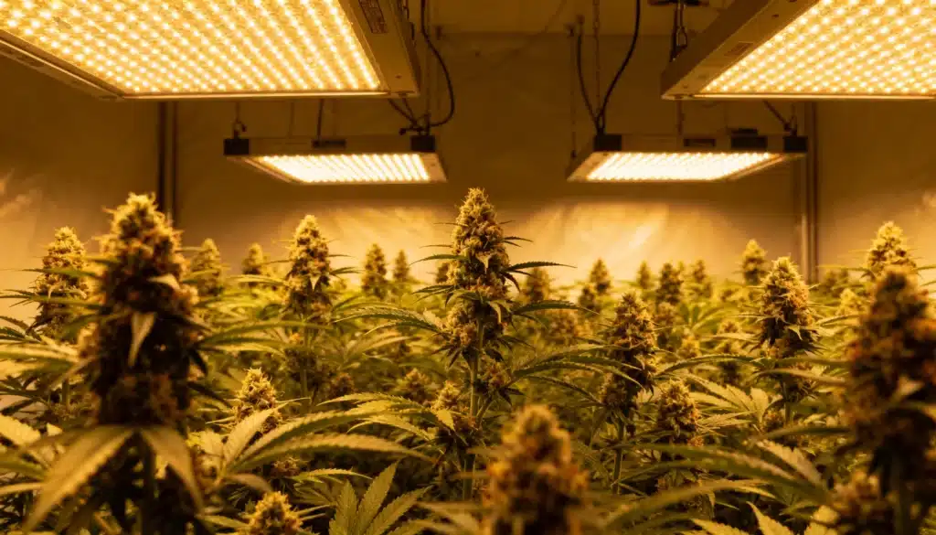 Indoor-cannabis-crop-orange-spectrum-led-flowering with tall dense colas under warm LEDs.