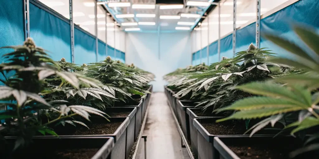indoor cannabis cultivation room with LED grow lights and potted plants