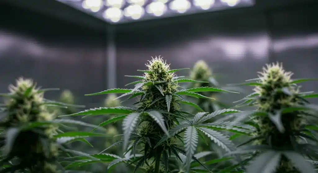 Indoor-cannabis-flowering-buds-under-led-grow-lights showing dense resinous colas under LED panels.