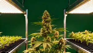 Indoor-cannabis-flowering-plant-under-led-lights-green-backdrop with dense buds.