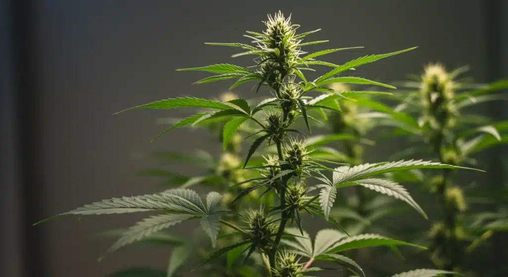 Indoor-cannabis-flowering-stage-closeup with resinous buds under controlled lighting.