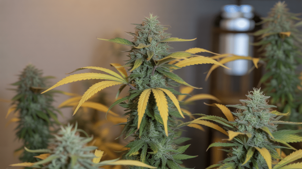 Indoor cannabis plants flowering with dense buds and yellow fan leaves in controlled grow space