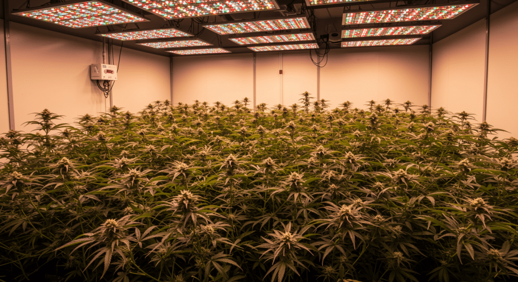 Indoor cannabis grow room with flowering plants under LED panels, showcasing professional indoor cannabis cultivation