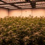 Indoor cannabis grow room with flowering plants under LED panels, showcasing professional indoor cannabis cultivation