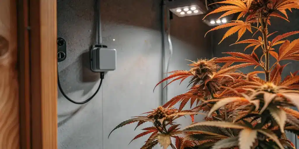 indoor cannabis plants with orange lighting and modern grow setup