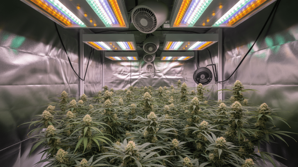 Indoor cannabis grow room with full flowering canopy under LED lights in controlled cultivation setup