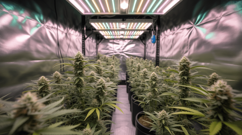 Indoor cannabis grow room with flowering plants under LED panels in a controlled cultivation setup