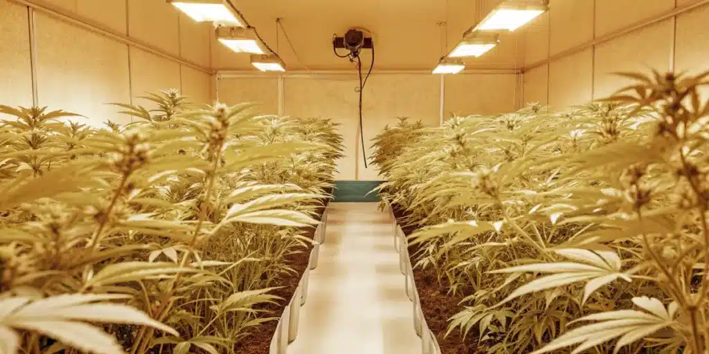 Indoor cannabis grow room filled with healthy green plants under yellow grow lights.