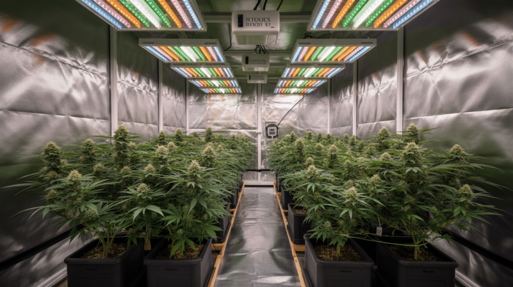 Indoor cannabis grow tent with flowering plants under full-spectrum LED lights