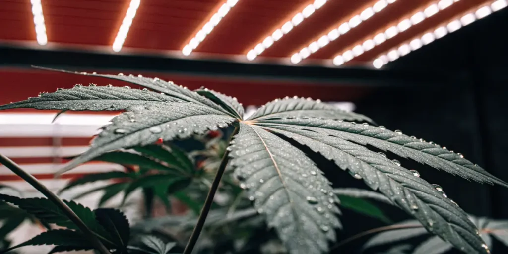 Indoor cannabis leaf with visible moisture under red LED grow lights.