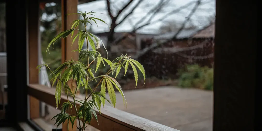 Indoor cannabis plant growing by a window with natural light.