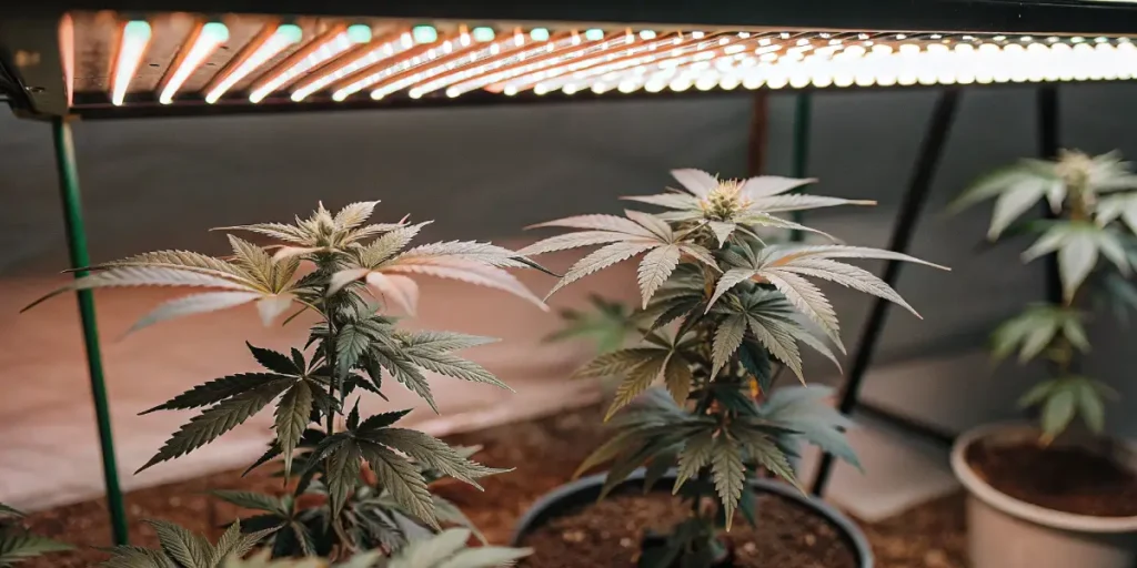 Indoor cannabis plants growing under LED lights in pots.