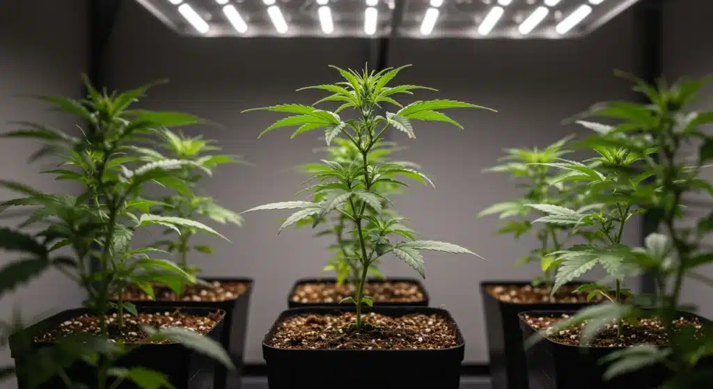 Indoor-cannabis-seedlings-under-led-lights growing in pots during early vegetative stage.