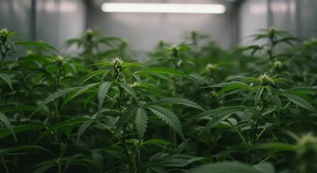 Indoor-cannabis-veg-stage-low-light-growth with early leaves forming canopy.