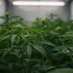 Indoor-cannabis-veg-stage-low-light-growth with early leaves forming canopy.