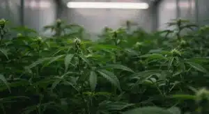 Indoor-cannabis-veg-stage-low-light-growth with early leaves forming canopy.