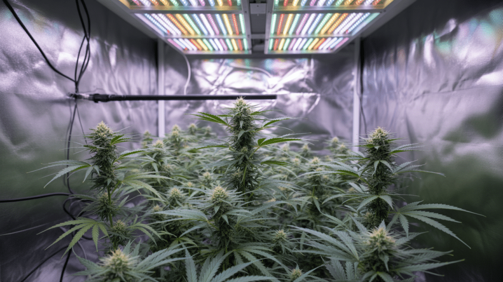 Indoor grow tent cannabis plants under LED lighting with compact structure and healthy flowering buds