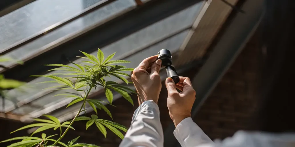 inspecting cannabis plant with portable microscope in greenhouse
