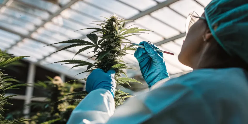 lab technician testing cannabis bud in greenhouse environment