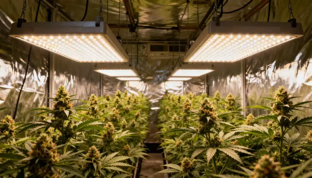 Led-lit-indoor-cannabis-field-flowering-stage with rows of mature plants.