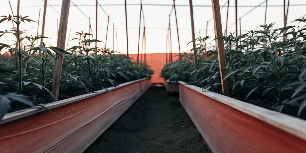 Cannabis plants growing in raised garden beds inside a greenhouse with wooden supports at sunset.