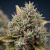 Macro cannabis bud with resin-rich trichomes and compact flower structure