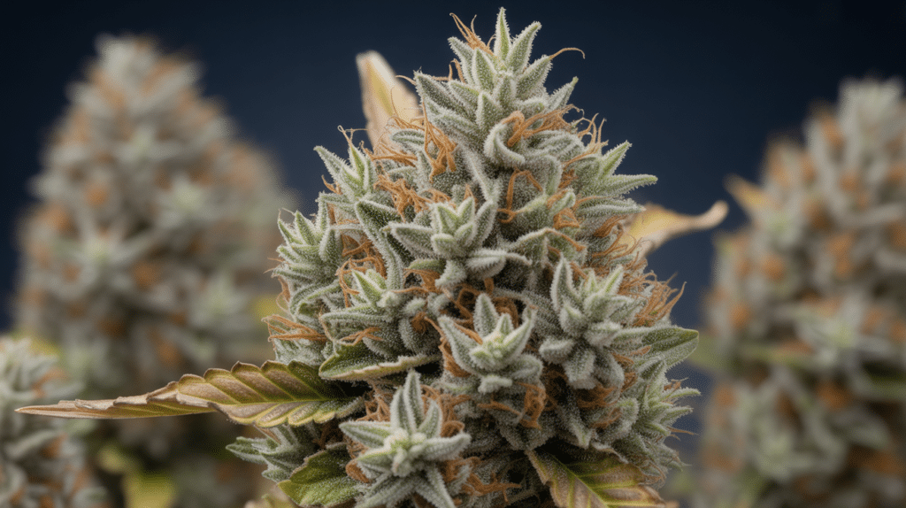 Macro cannabis bud with resin-rich trichomes and compact flower structure