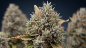 Macro cannabis bud with resin-rich trichomes and compact flower structure