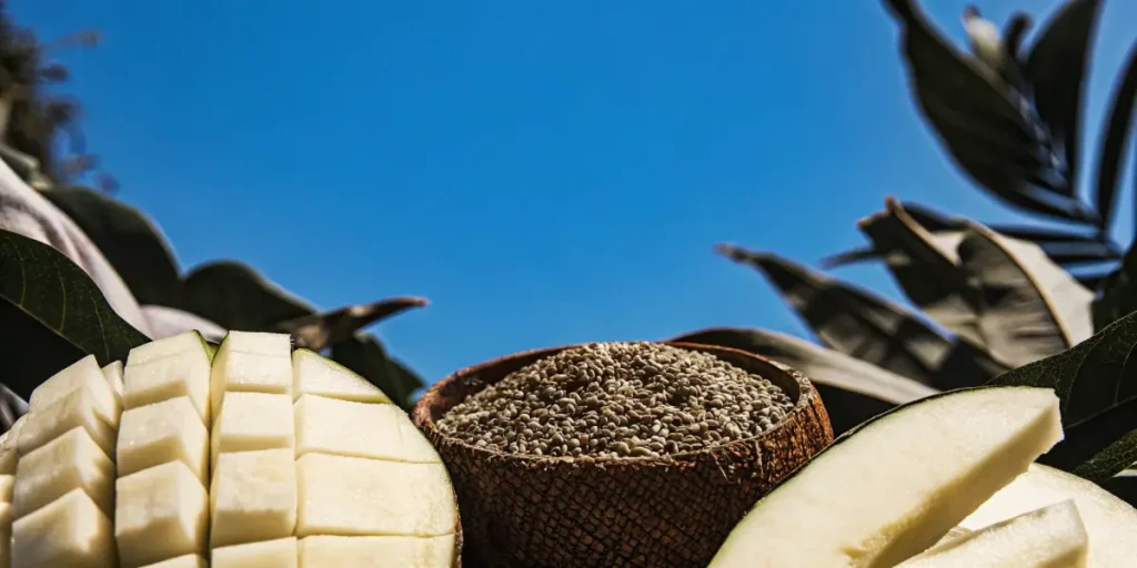 Mango-flavor cannabis seeds with ripe mango slices under a blue sky.