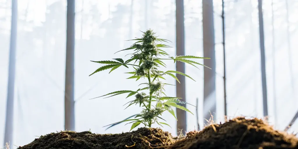 Mature cannabis plant with dense buds growing in forest sunlight.