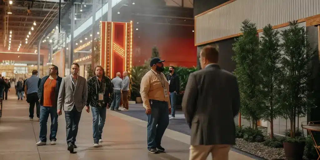 Visitors walking through an illuminated MJBizCon expo hall with plants, signage, and vibrant cannabis industry displays.