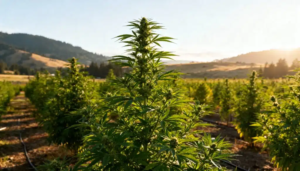 Mountain-cannabis-farm-flowering-plants-organic-cultivation in sunlit rows.