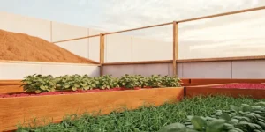 Organic raised beds filled with green leafy plants and rich soil under sunlight.